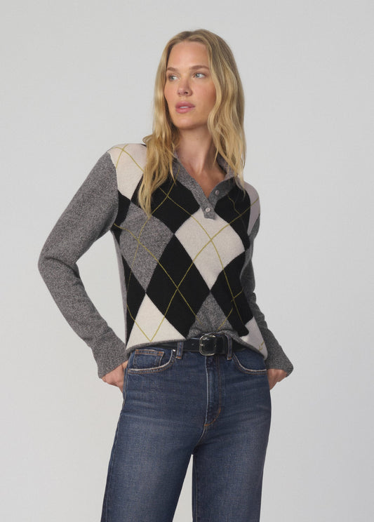 Joe's Jeans Women THE LONG SLEEVE CASHMERE POLO Charcoal Argyle