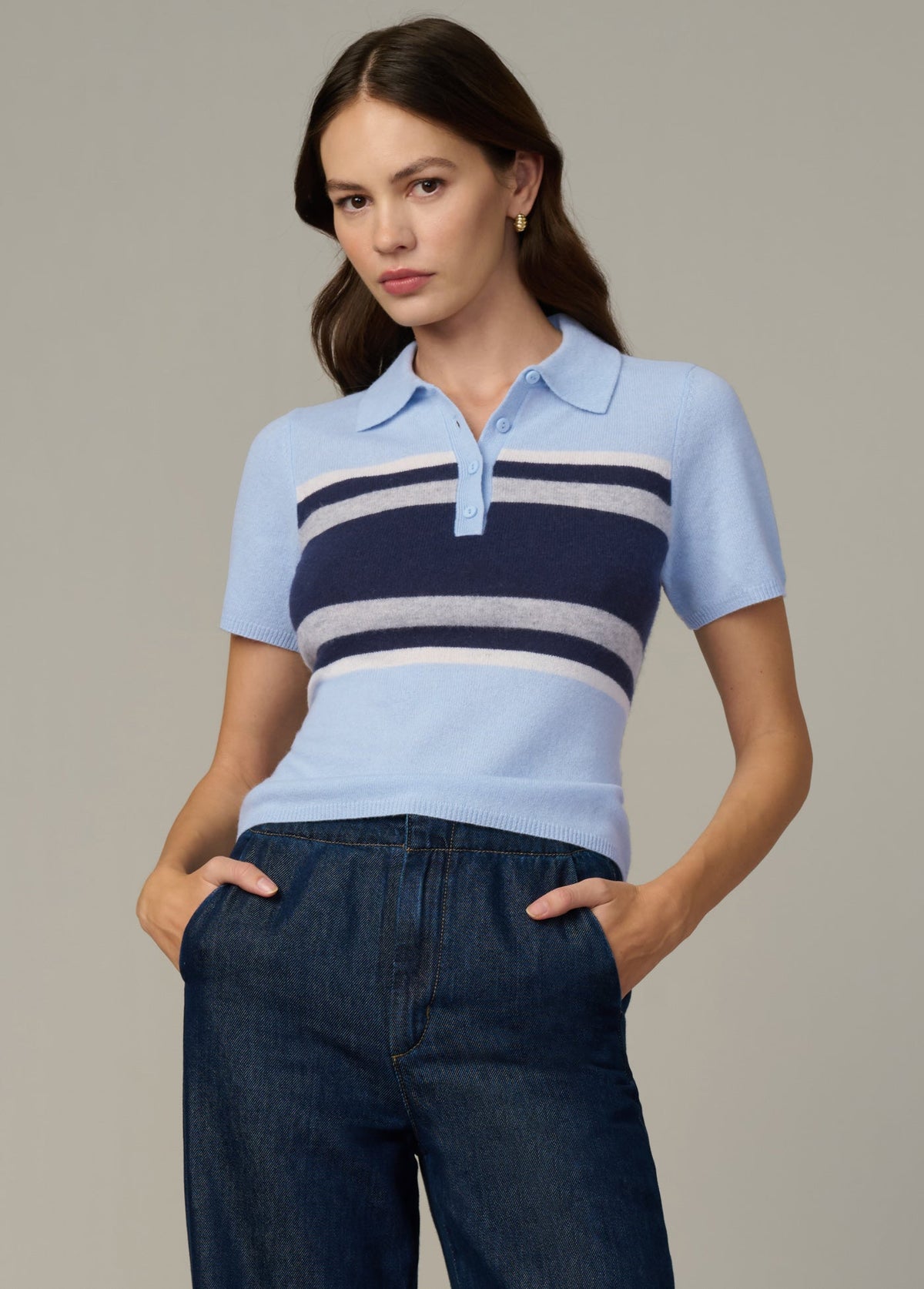 Joe's Jeans Women|Sale THE CASHMERE SHORT SLEEVE RUGBY POLO Powder Blue