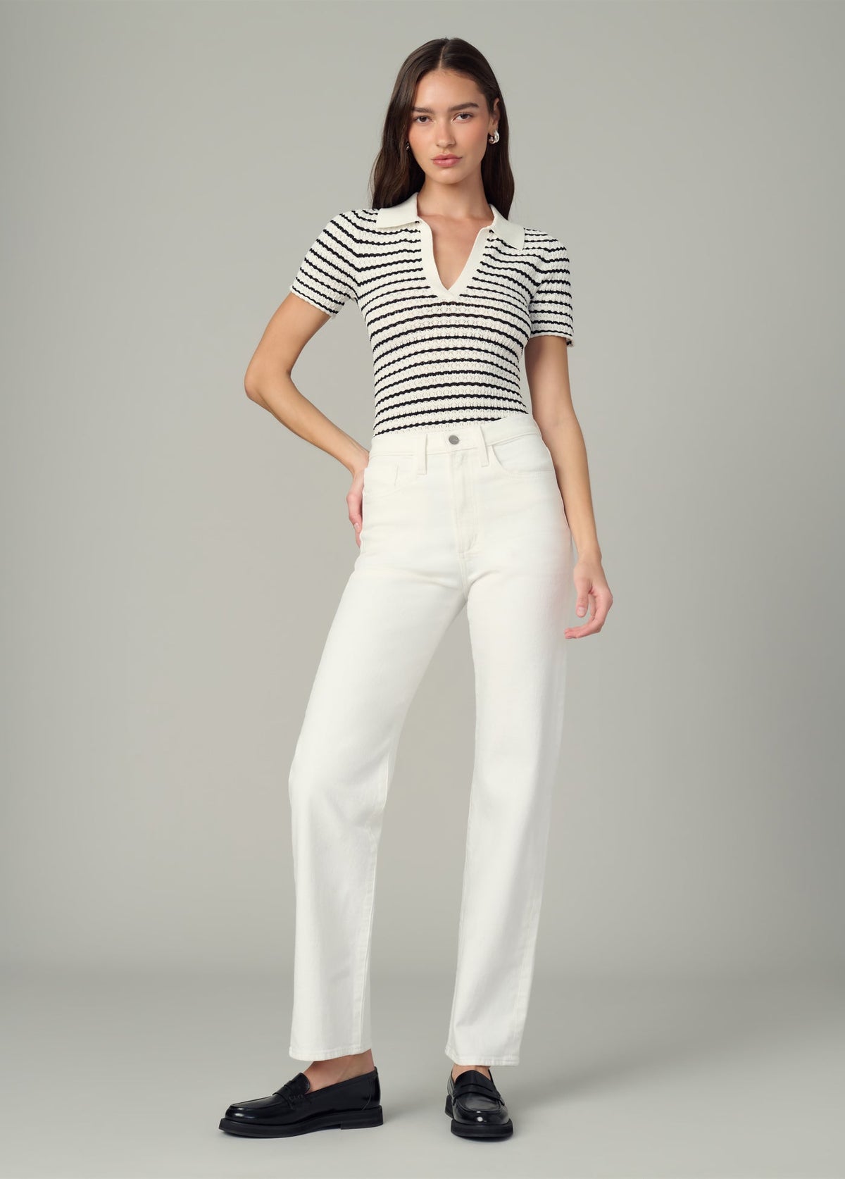 Joe's Jeans Women|Sale THE JESS POINTELLE POLO SHIRT Milk/Black Stripe