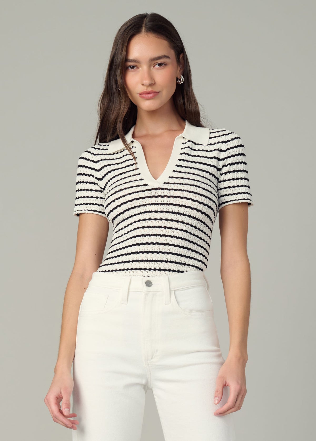 Joe's Jeans Women|Sale THE JESS POINTELLE POLO SHIRT Milk/Black Stripe