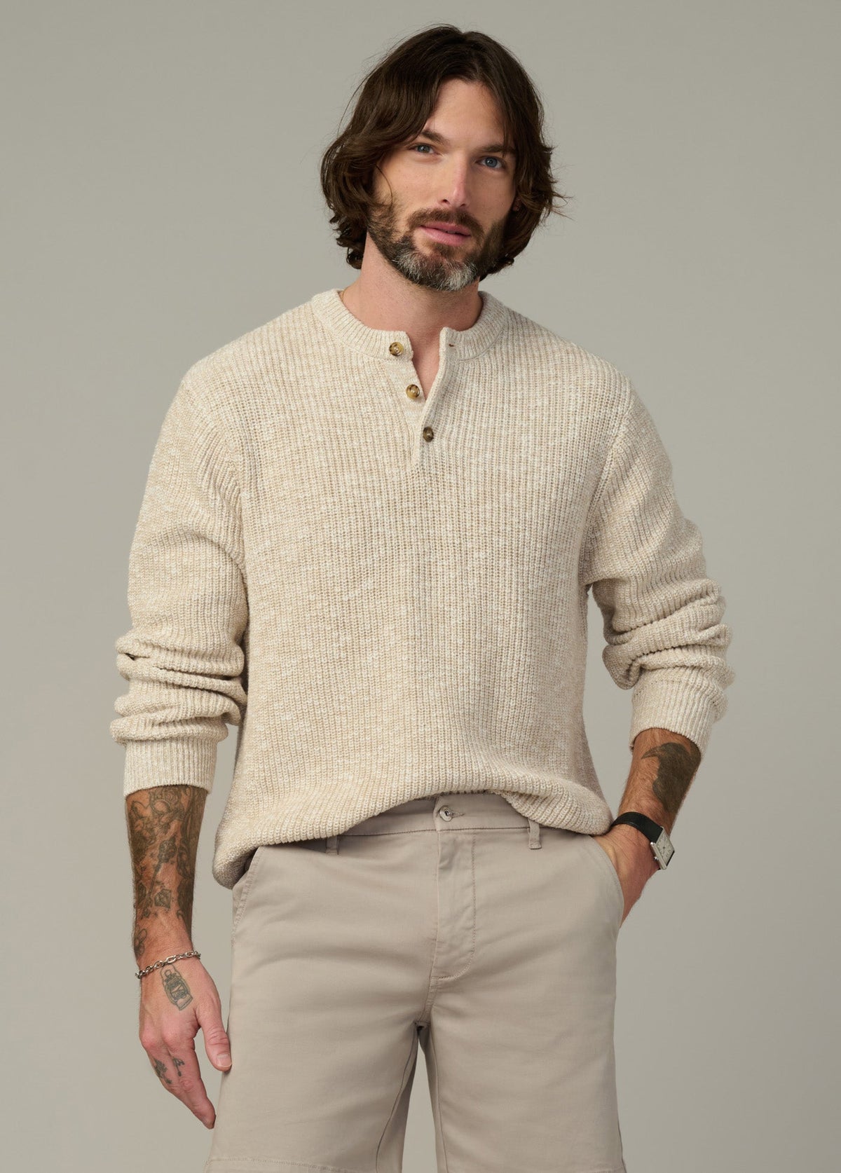 Joe's Jeans Men TEXTURED HENLEY SWEATER Flax