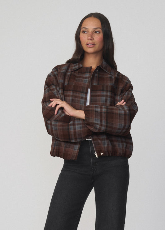 Joe's Jeans Women THE BELLA BOMBER JACKET Brown Blue Plaid