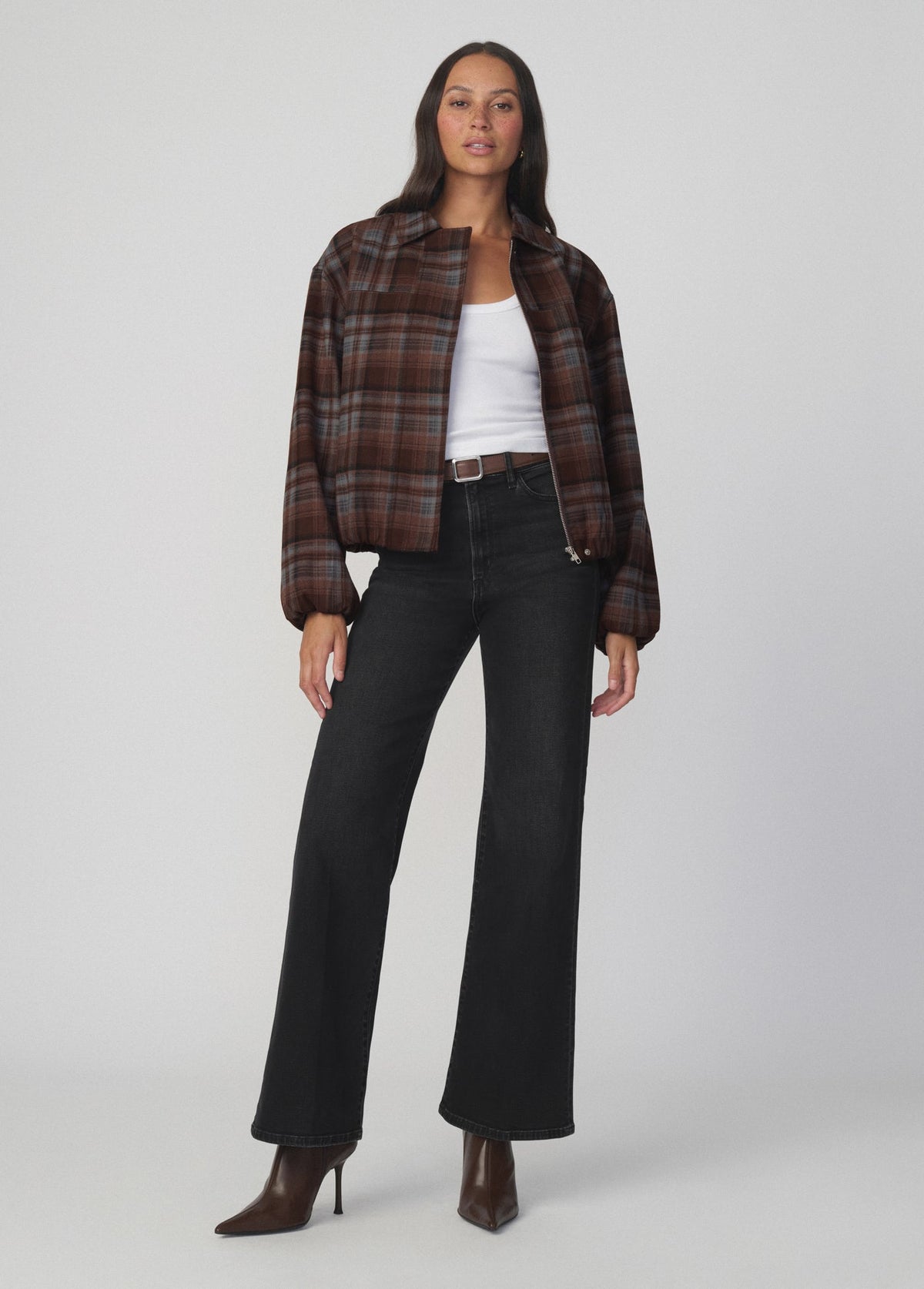 Joe's Jeans Women THE BELLA BOMBER JACKET Brown Blue Plaid