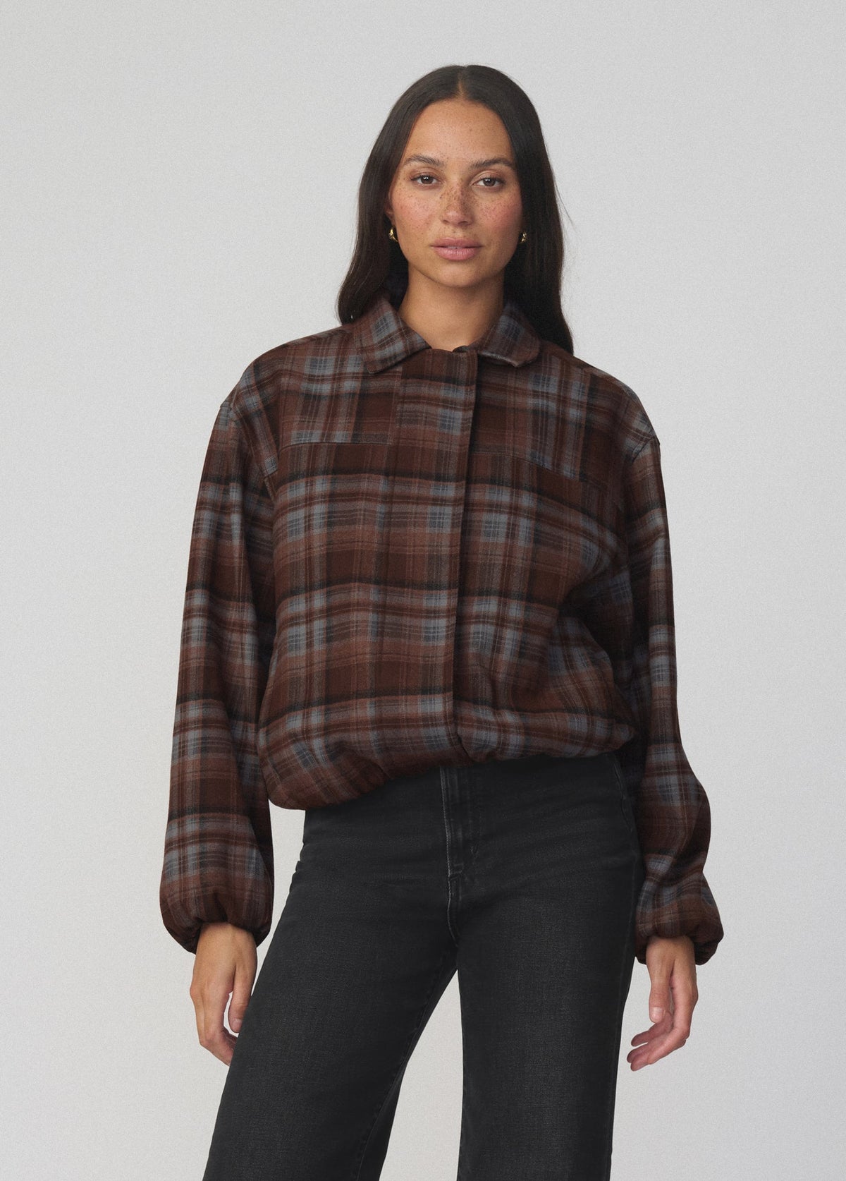 Joe's Jeans Women THE BELLA BOMBER JACKET Brown Blue Plaid