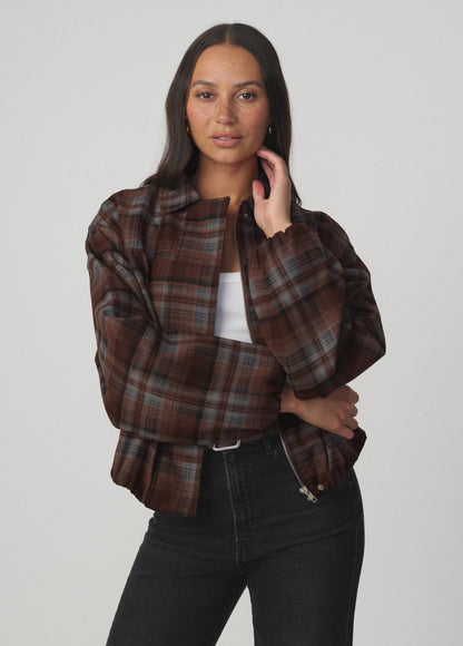 Joe's Jeans Women THE BELLA BOMBER JACKET Brown Blue Plaid