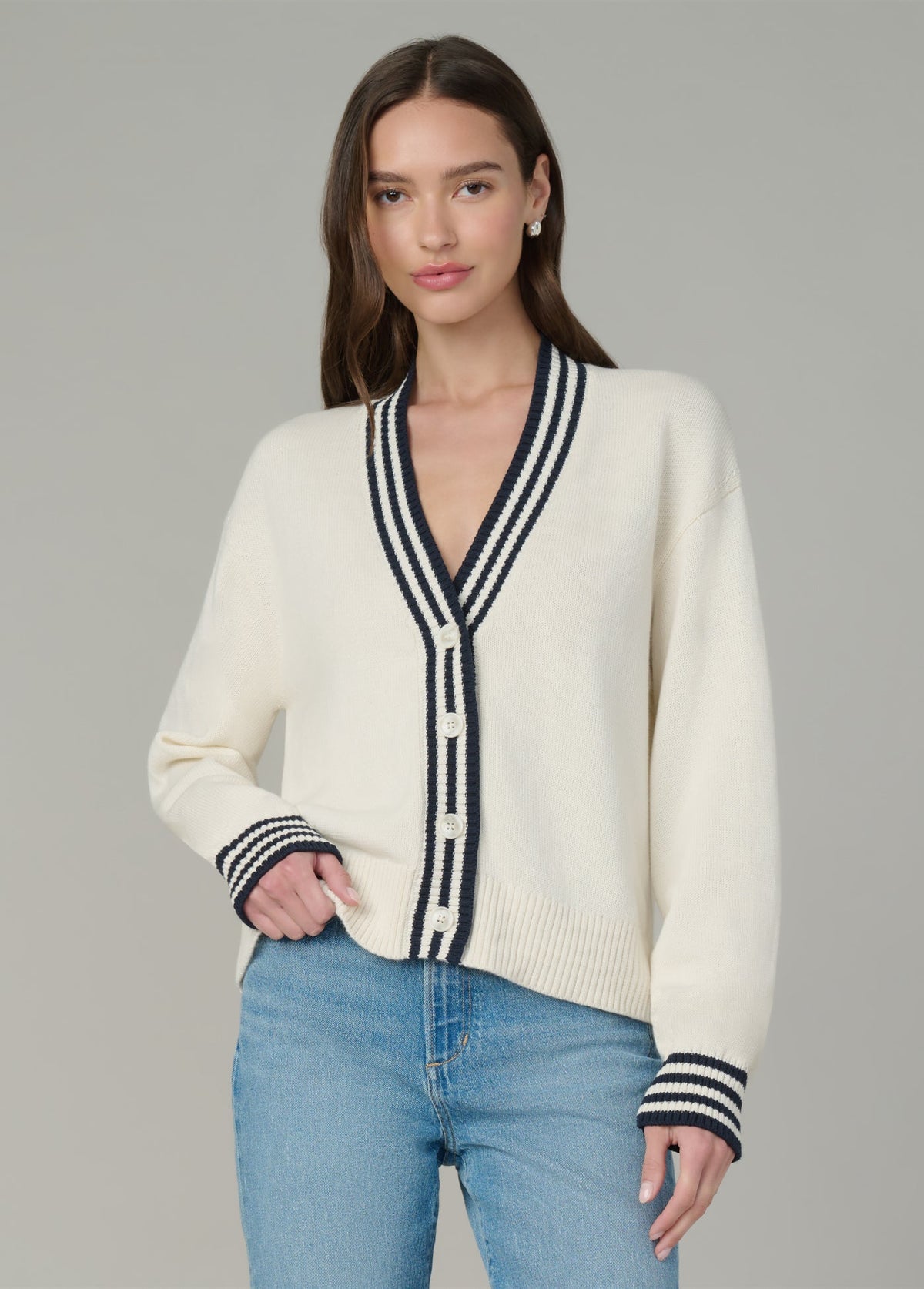 Joe's Jeans Sale THE LEAH CARDIGAN Ecru W/ Navy Tippi
