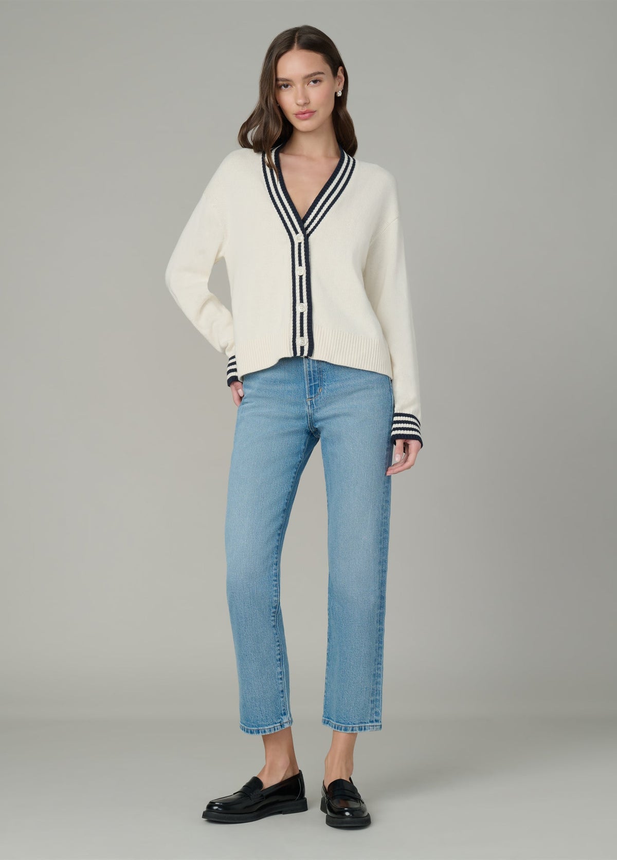Joe's Jeans Sale THE LEAH CARDIGAN Ecru W/ Navy Tippi